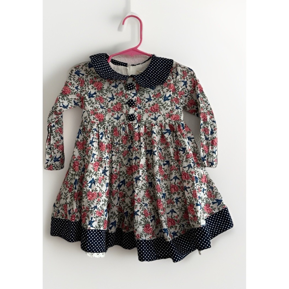 little miss marmalade dress Swallows‎ & Flowers  Sz 2 Blue Polka dot